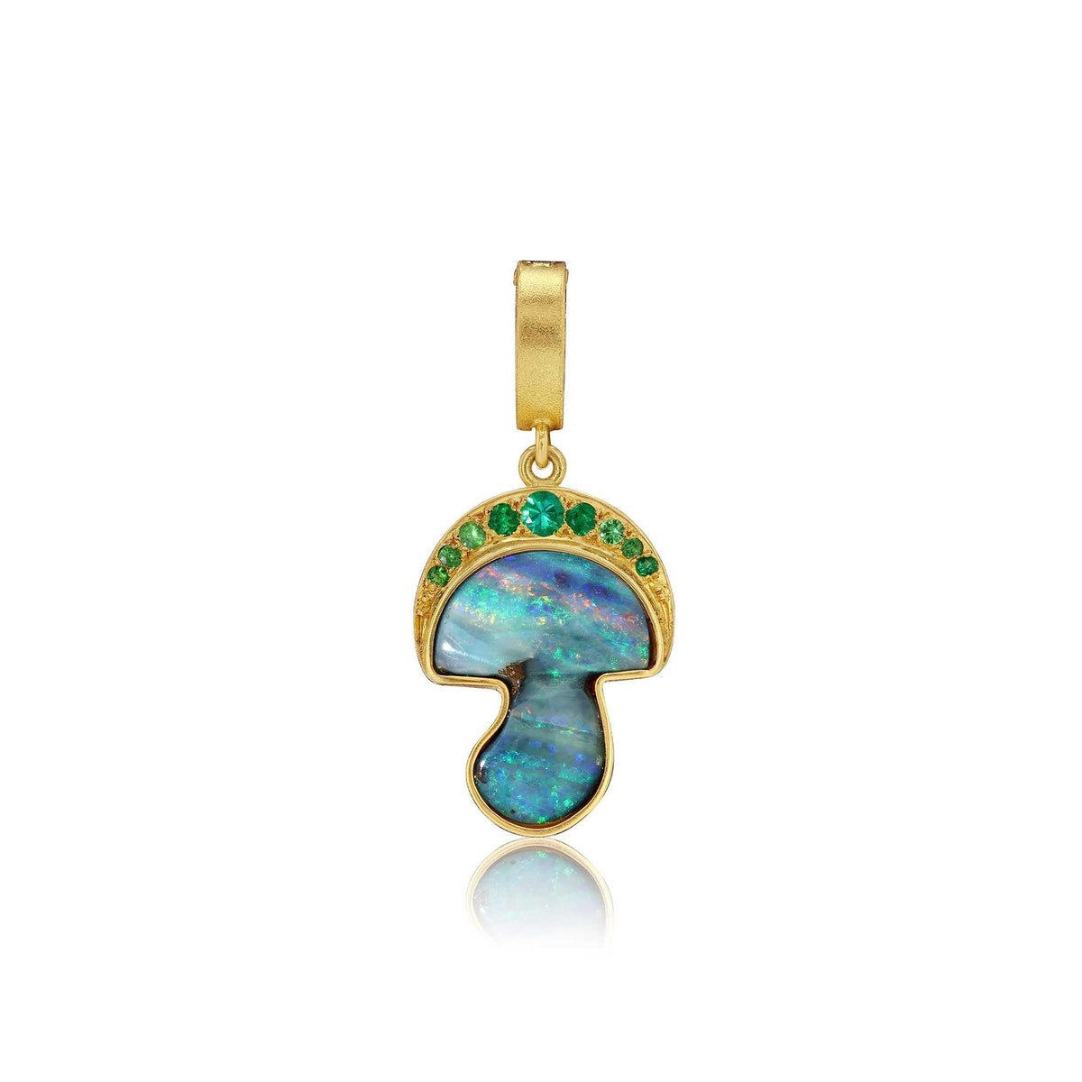 One-of-a-kind 18K yellow gold mushroom charm with 3.90 ct boulder opal, emerald and tsavorite