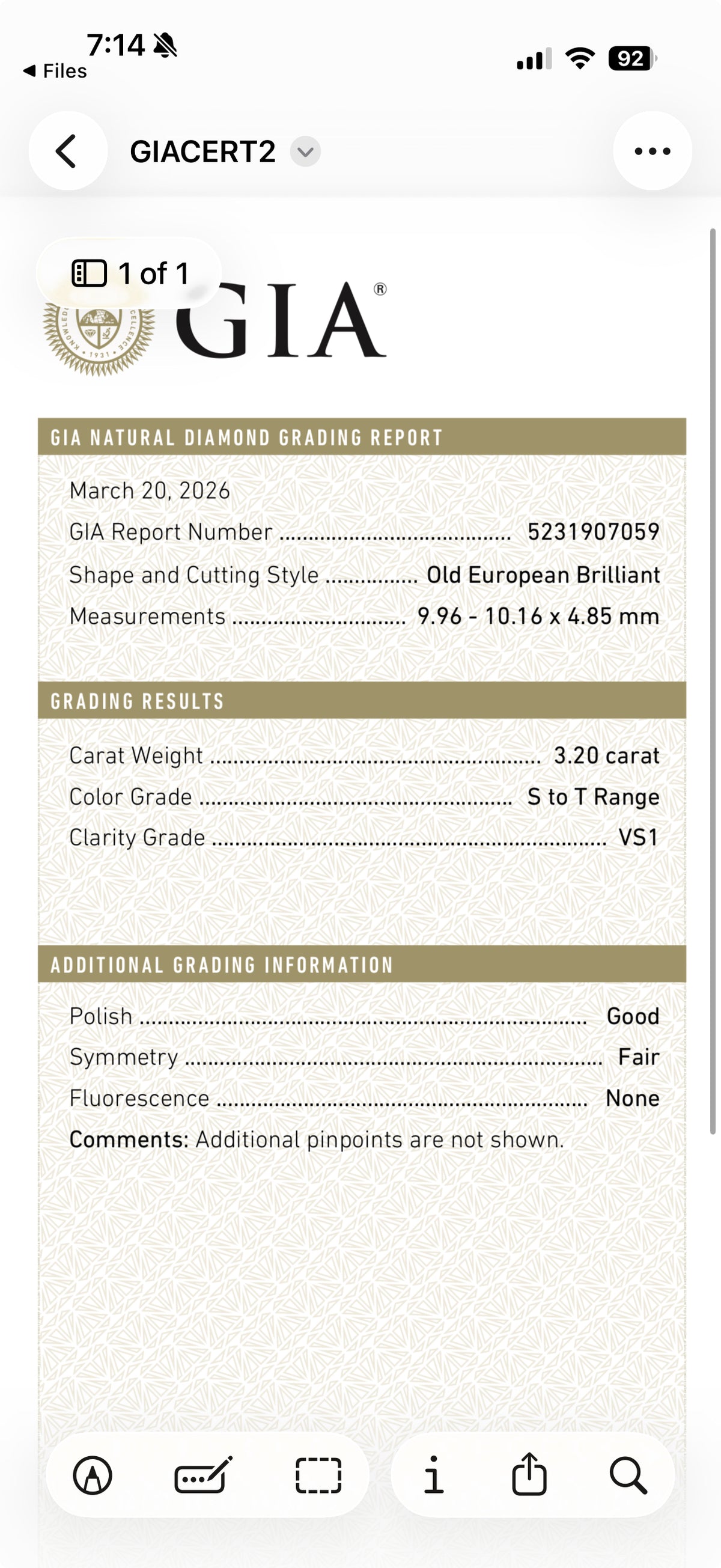 A screenshot of a GIA Natural Diamond Grading Report card for an Old European Brilliant diamond, showing grading details such as carat weight, color grade, and clarity grade.