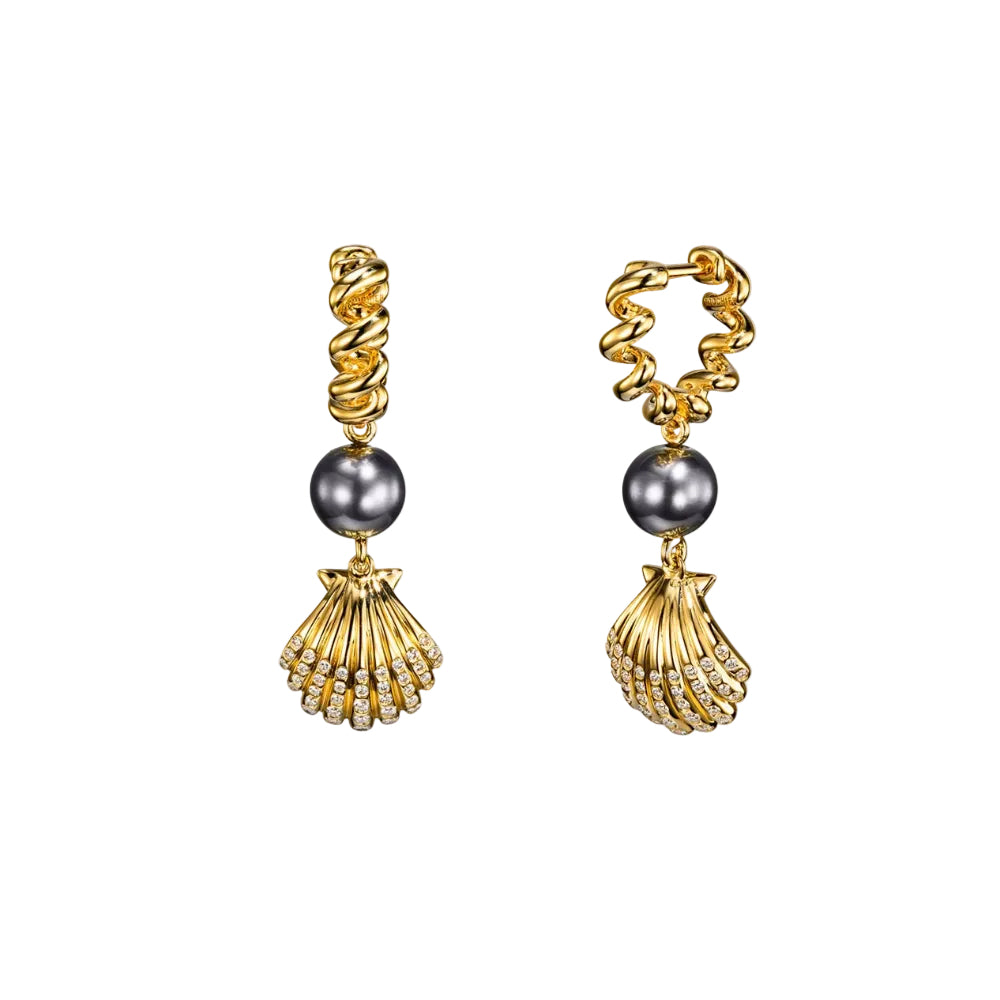 18K yellow gold shell drop huggie earrings with grey freshwater pearls and diamonds