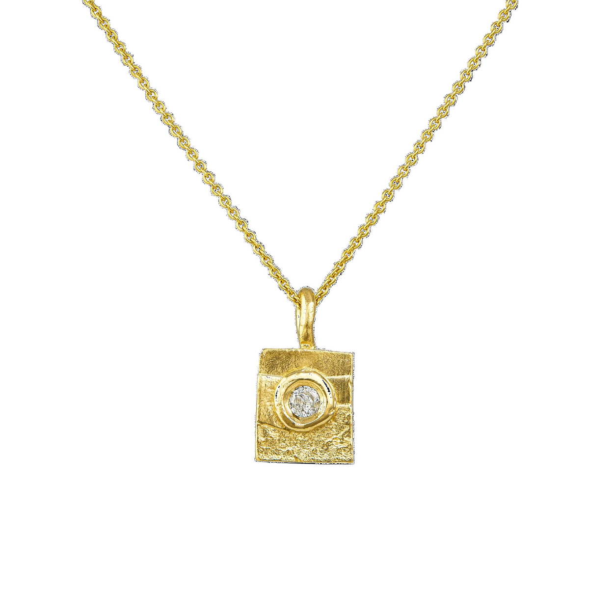 A gold pendant necklace featuring a textured square box-like charm with a small round clear gemstone in the center, suspended from a delicate gold chain on a white background.