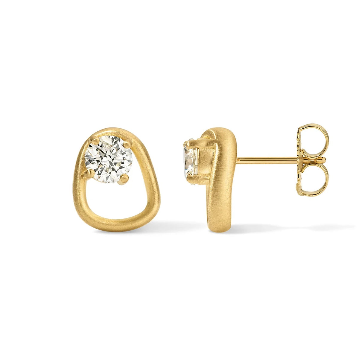 A pair of gold stud earrings, one shown from the front with a round-cut clear gemstone and the other from the side showing the post and butterfly back, on a white background.