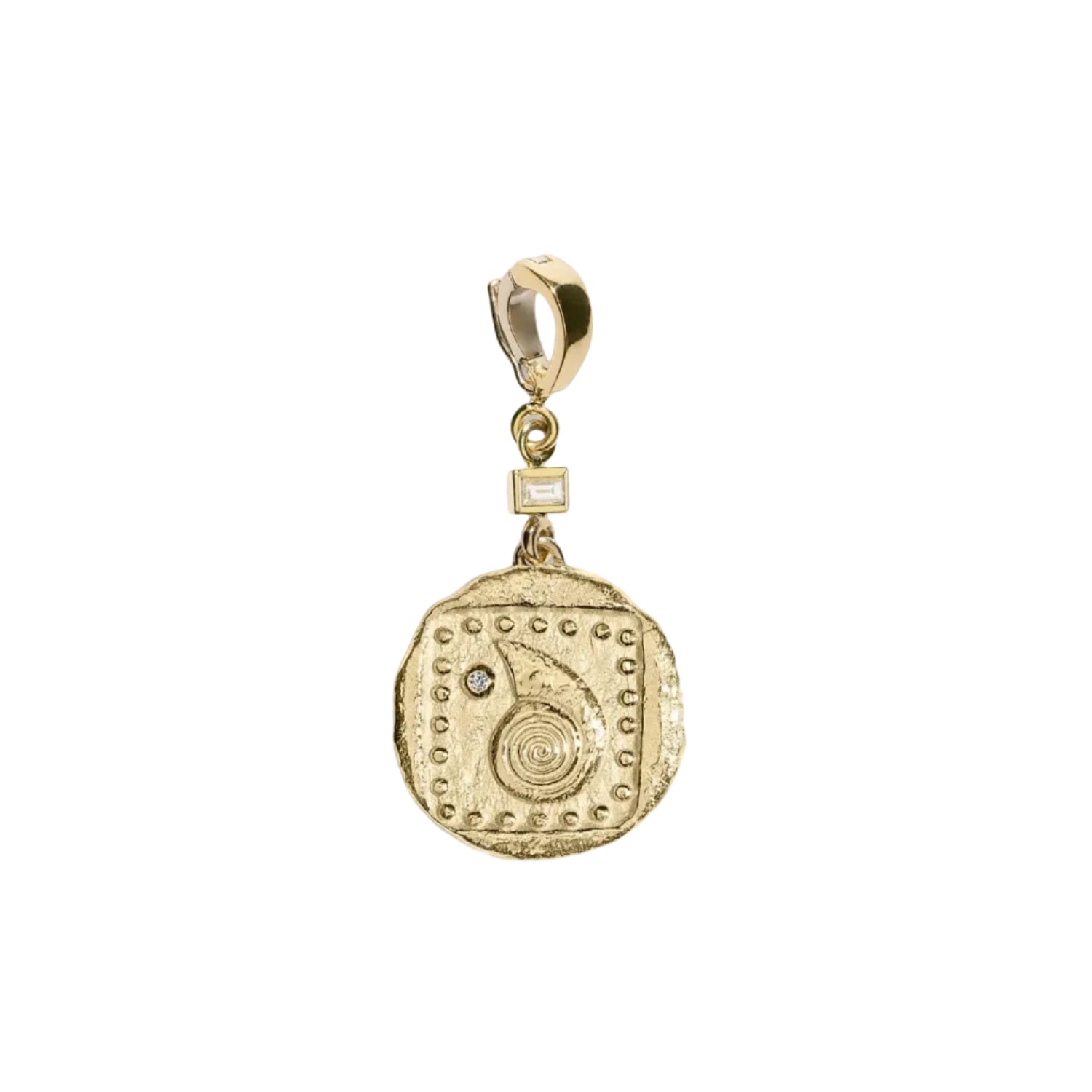 Close-up of spiral seashell coin charm with white diamonds