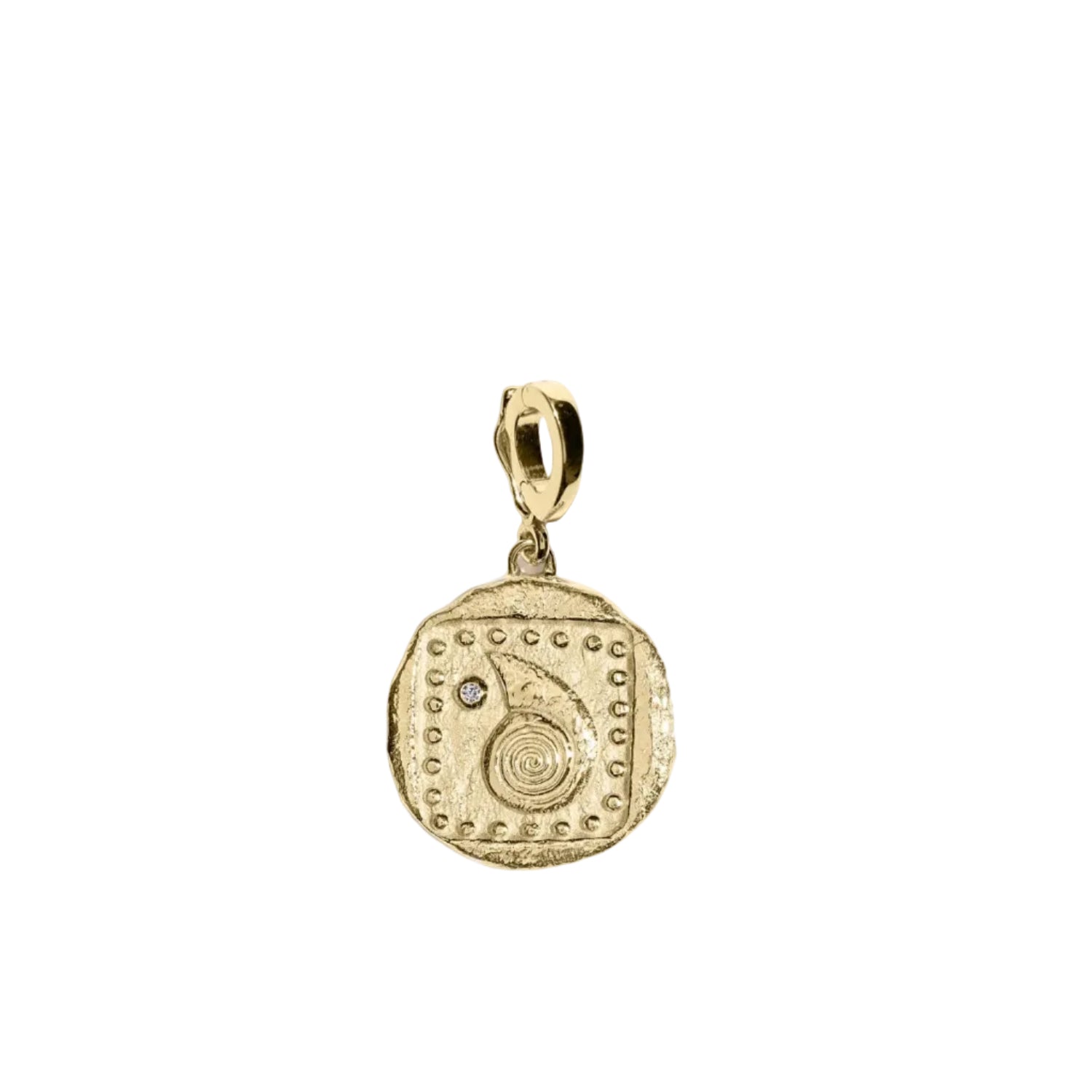 18K gold spiral seashell diamond coin charm with removable clasp