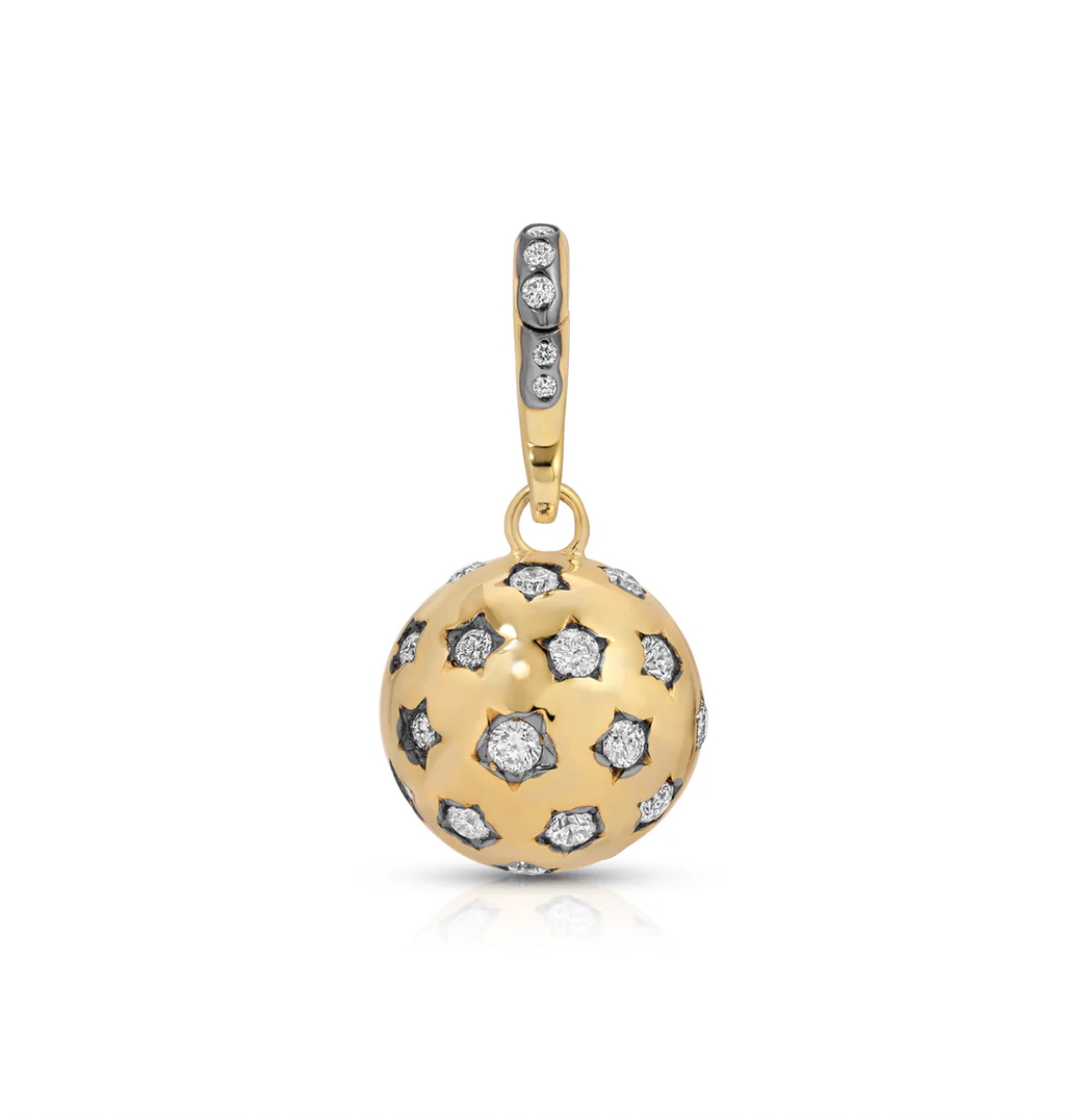 Gold pendant with star designs and embedded stones on a white background