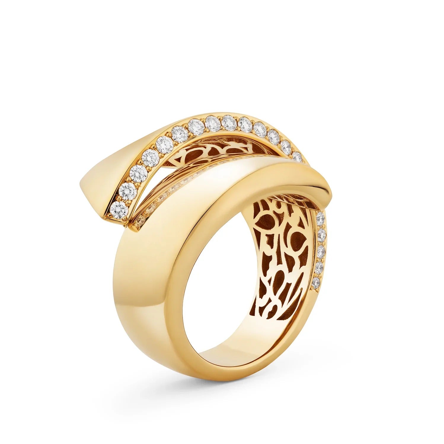 Gold ring with diamond accents on a white background