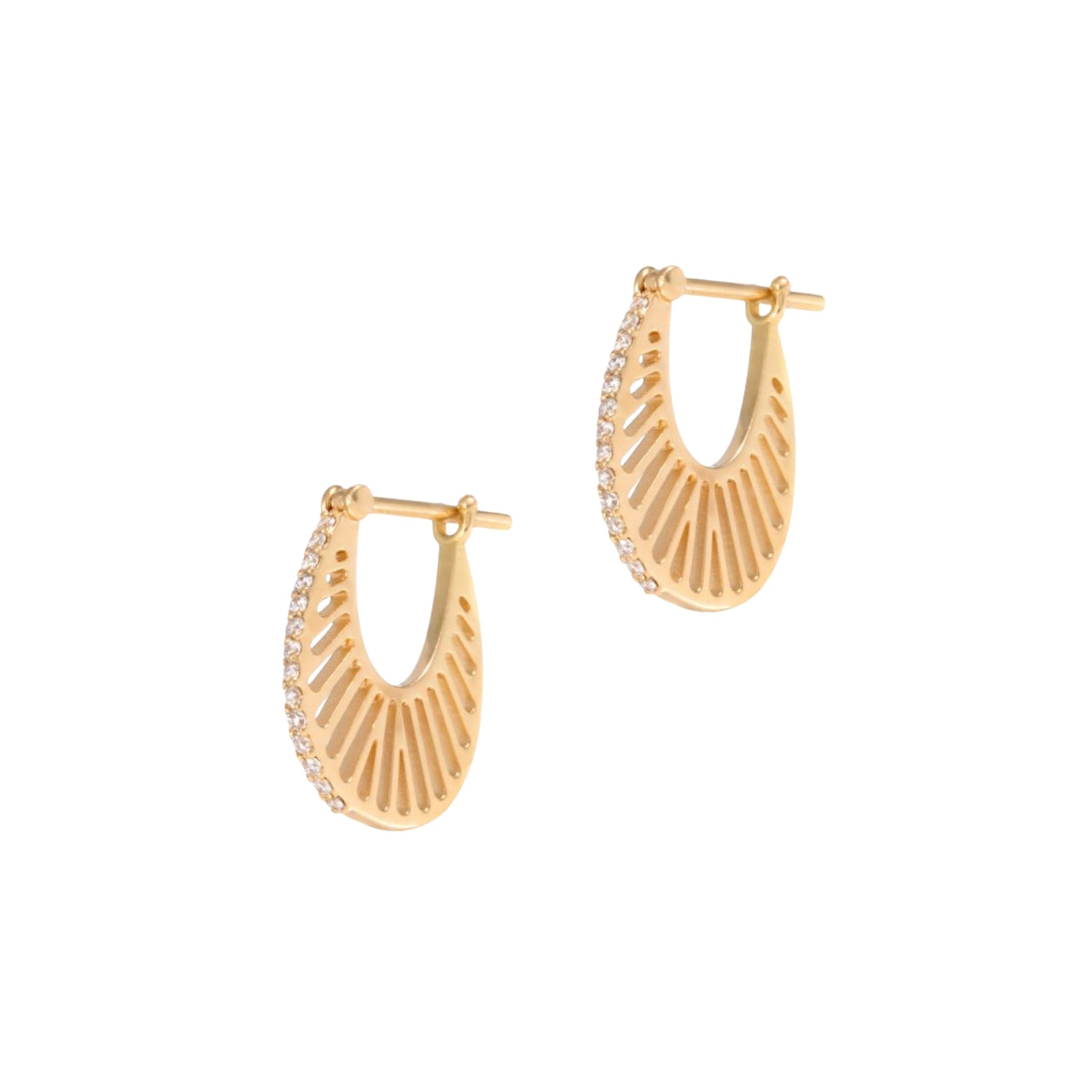 Gold hoop earrings with a textured design on a white background