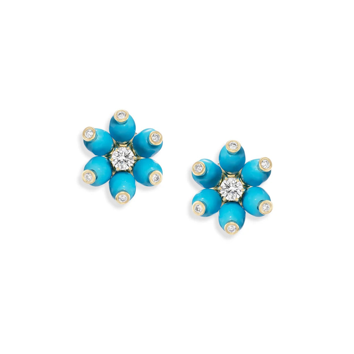 Pair of turquoise flower-shaped earrings with clear gemstones on a white background