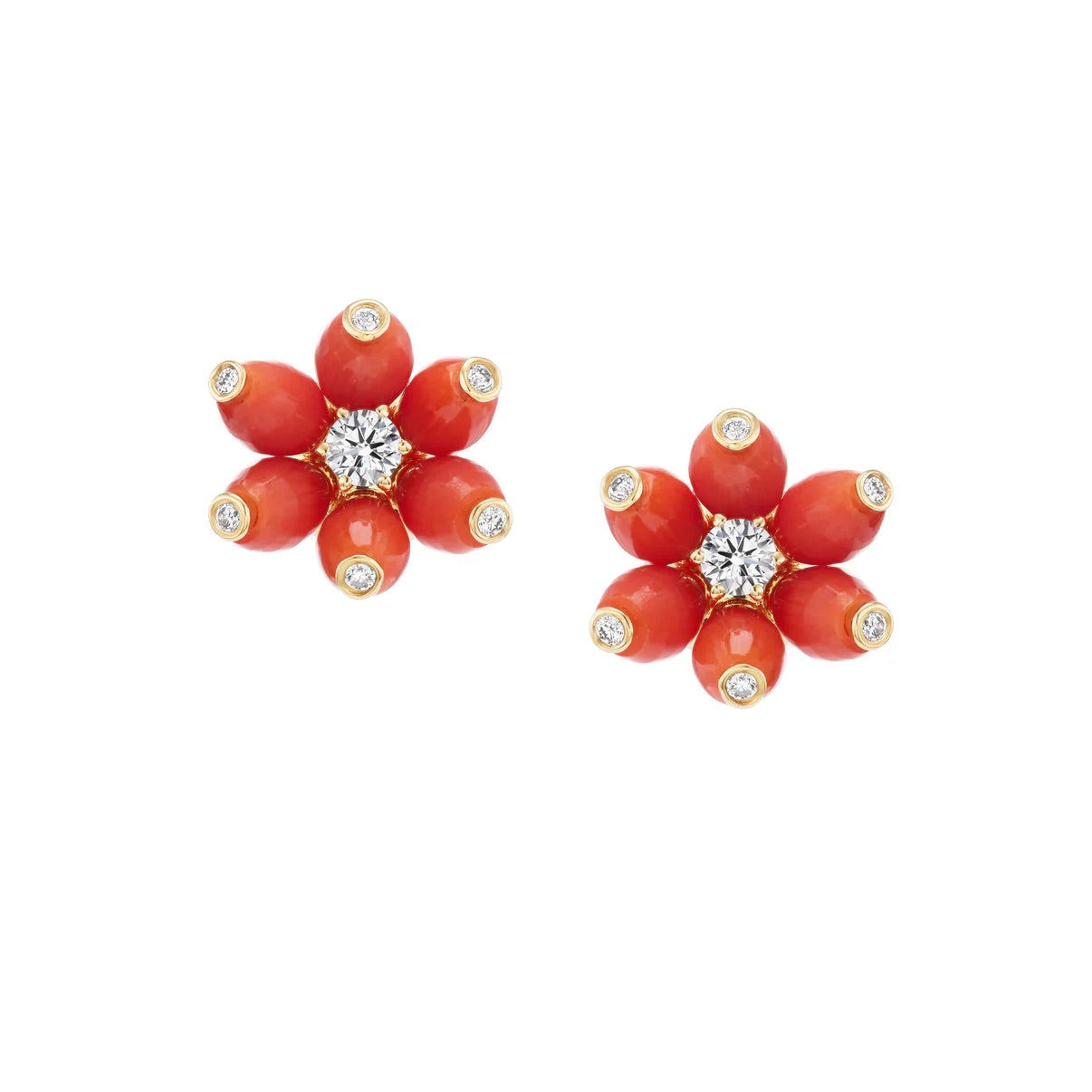 Pair of red flower-shaped earrings with gold accents on a white background