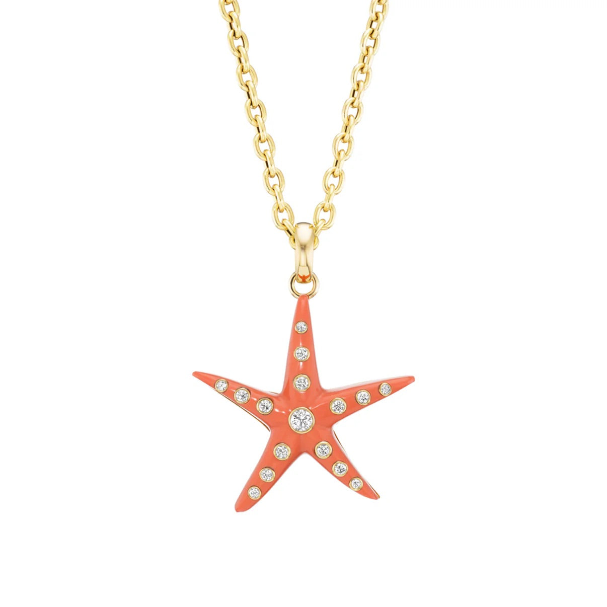 Starfish-shaped pendant with rhinestones on a gold chain against a white background