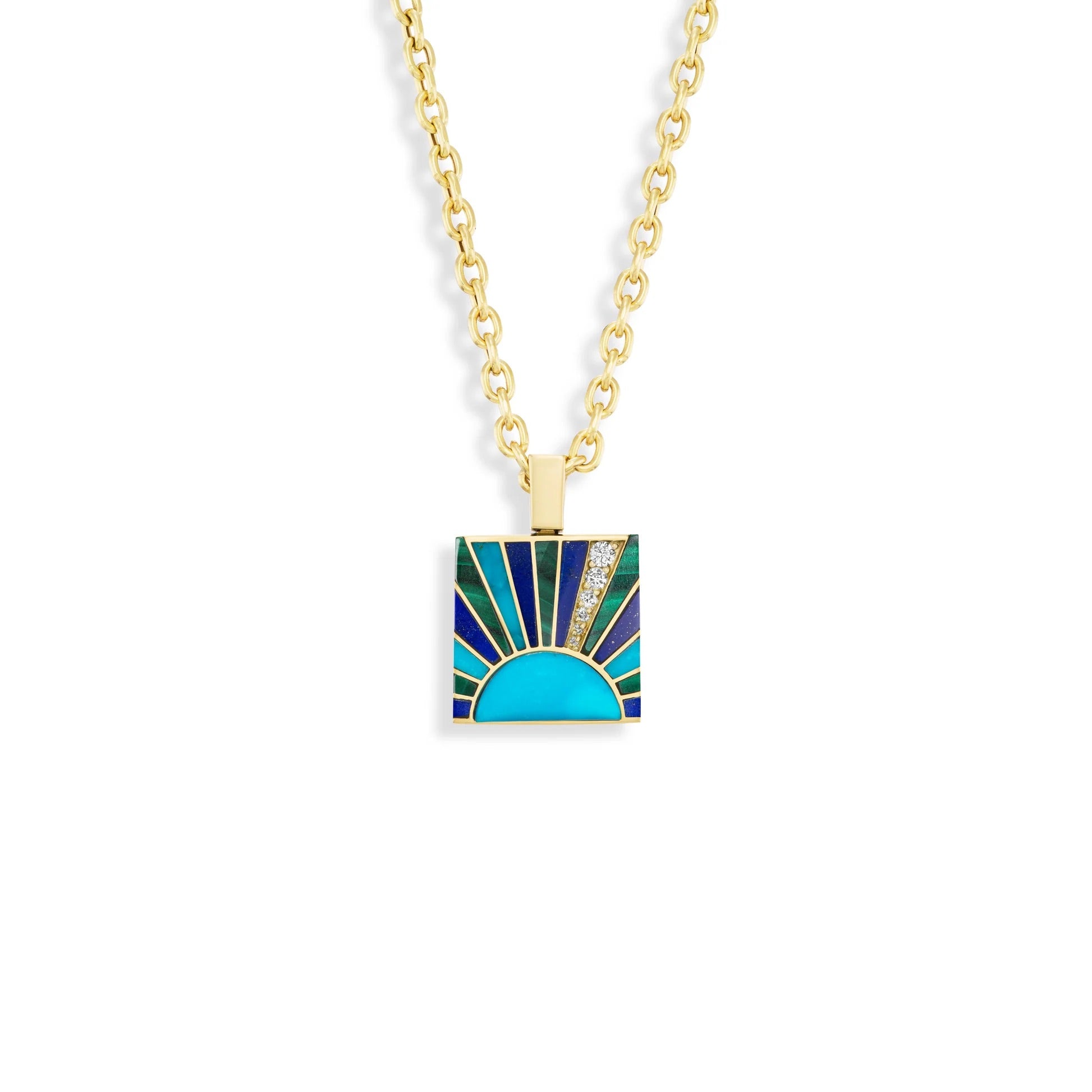 Necklace with a rectangular pendant featuring blue and green colors on a white background