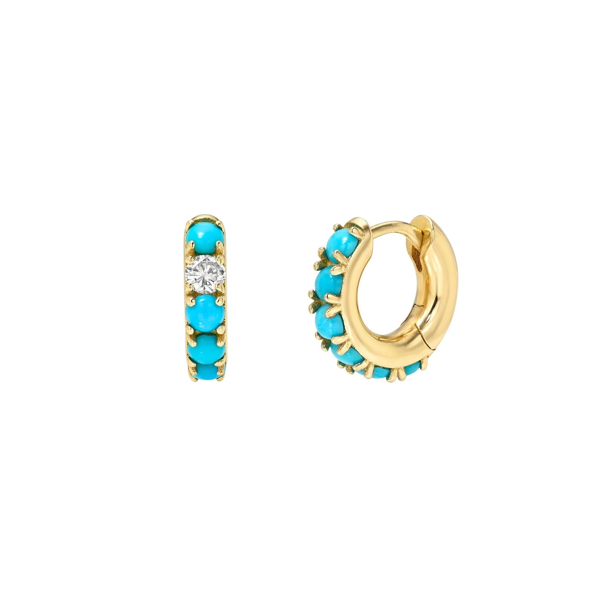 Gold hoop earrings with turquoise stones on a white background