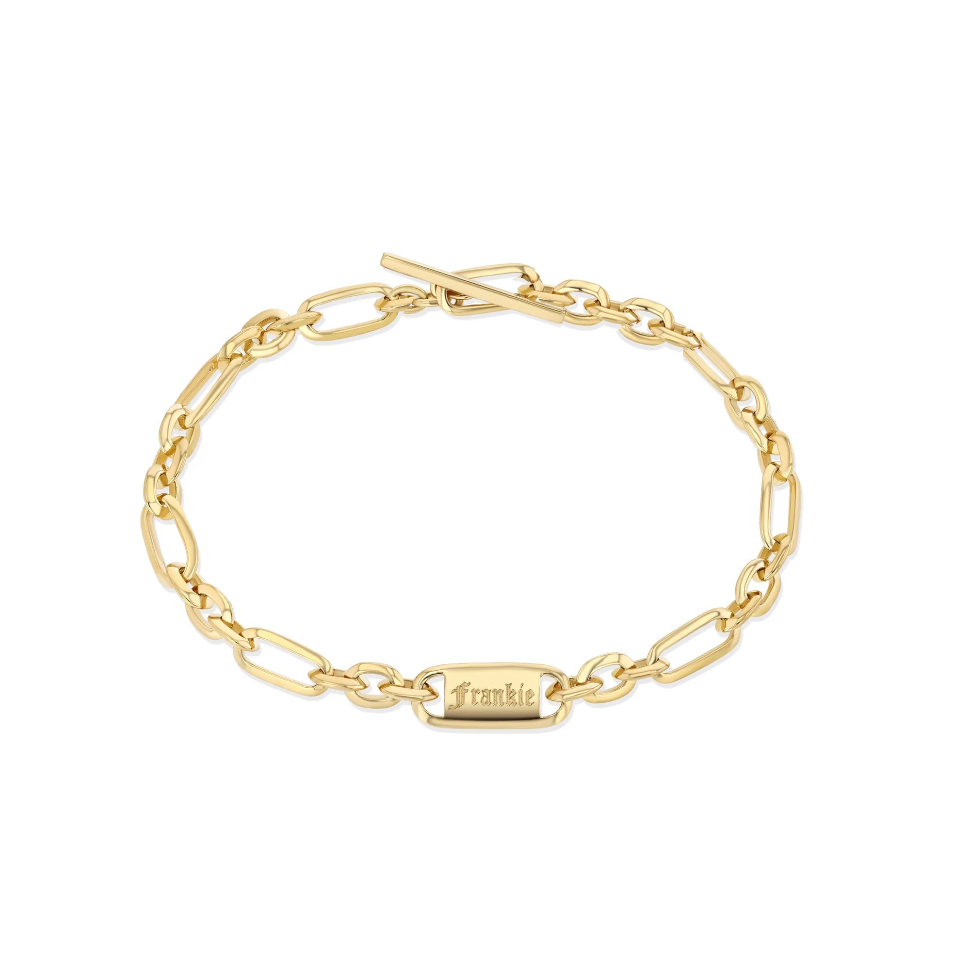 Gold chain bracelet with a nameplate on a white background
