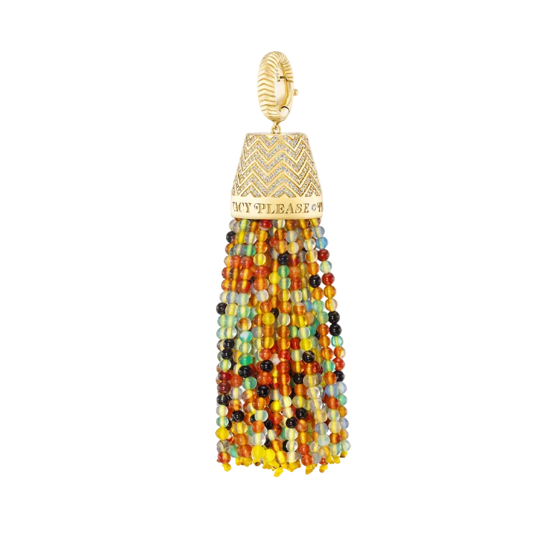 Multicolored beaded tassel charm with gold accents on a white background