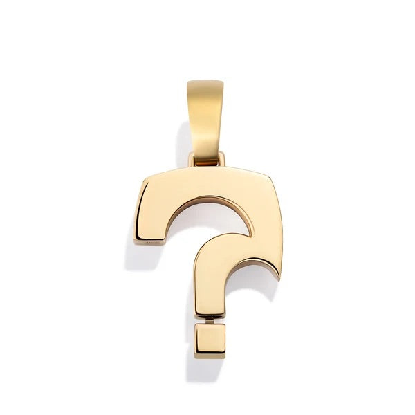 A polished gold pendant shaped like a question mark, displayed on a clean white background with a soft shadow.