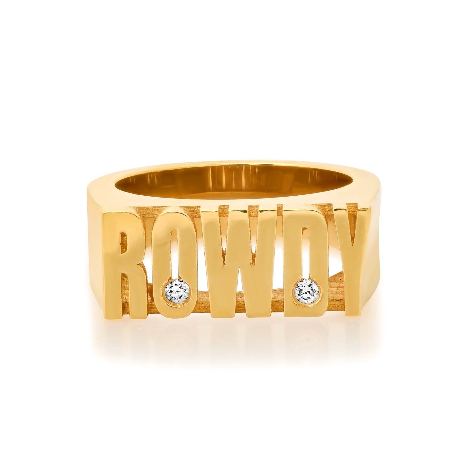 Gold ring with 'ROWDY' letters and diamonds on a white background