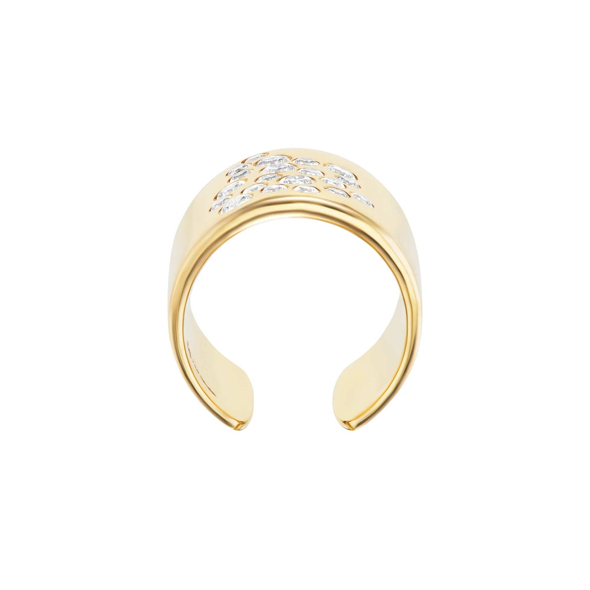Gold open ring with diamond-like stones on a white background
