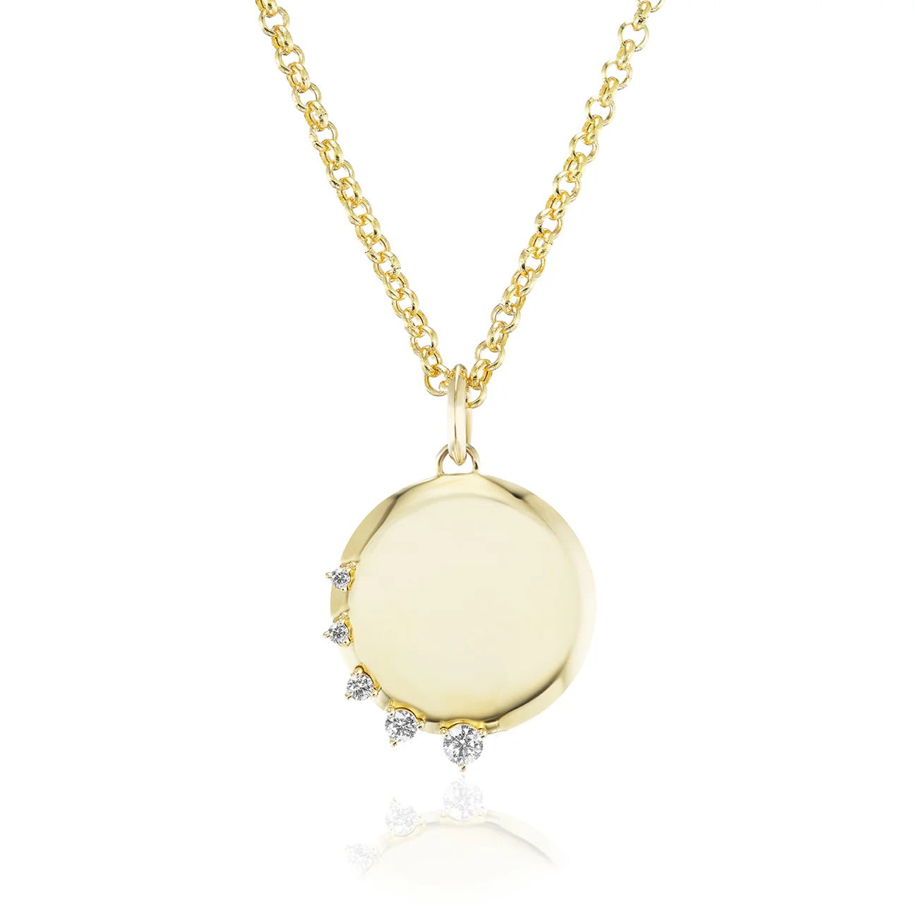 Gold necklace with a round pendant on a white background
