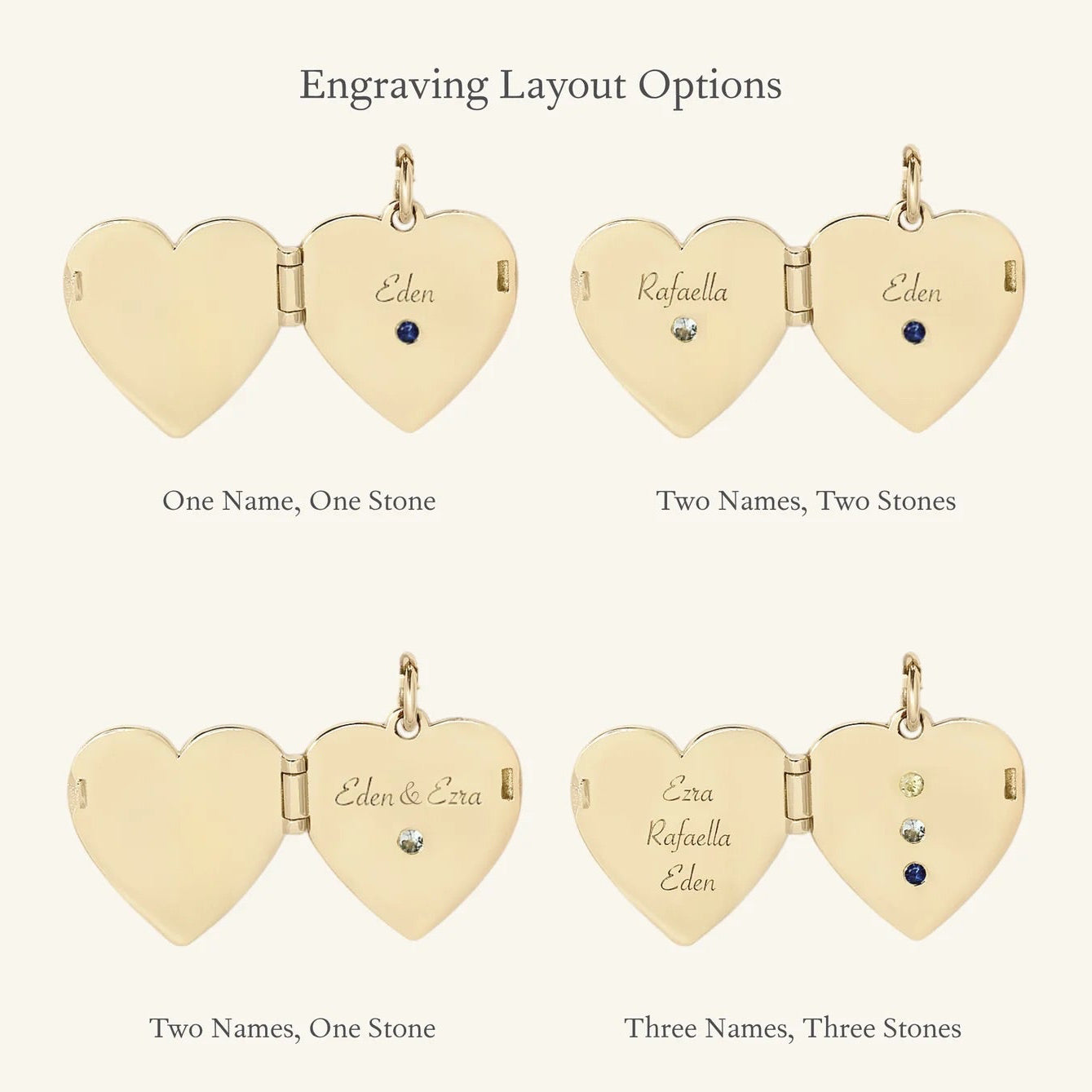 Gold heart-shaped pendants with engraving options on a white background