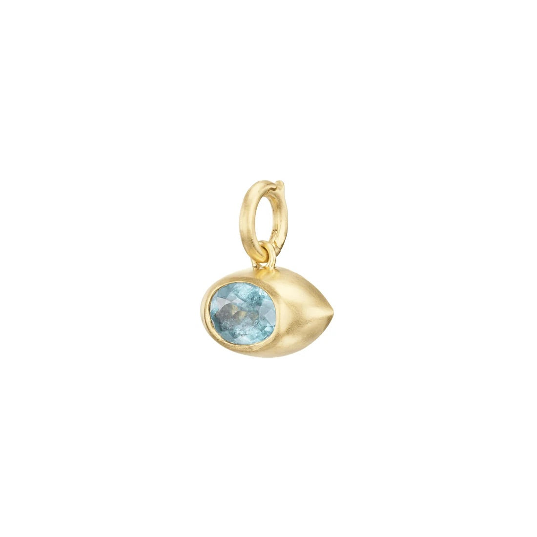 A gold charm pendant featuring a bezel-set oval light blue gemstone, shown on a plain white background.
