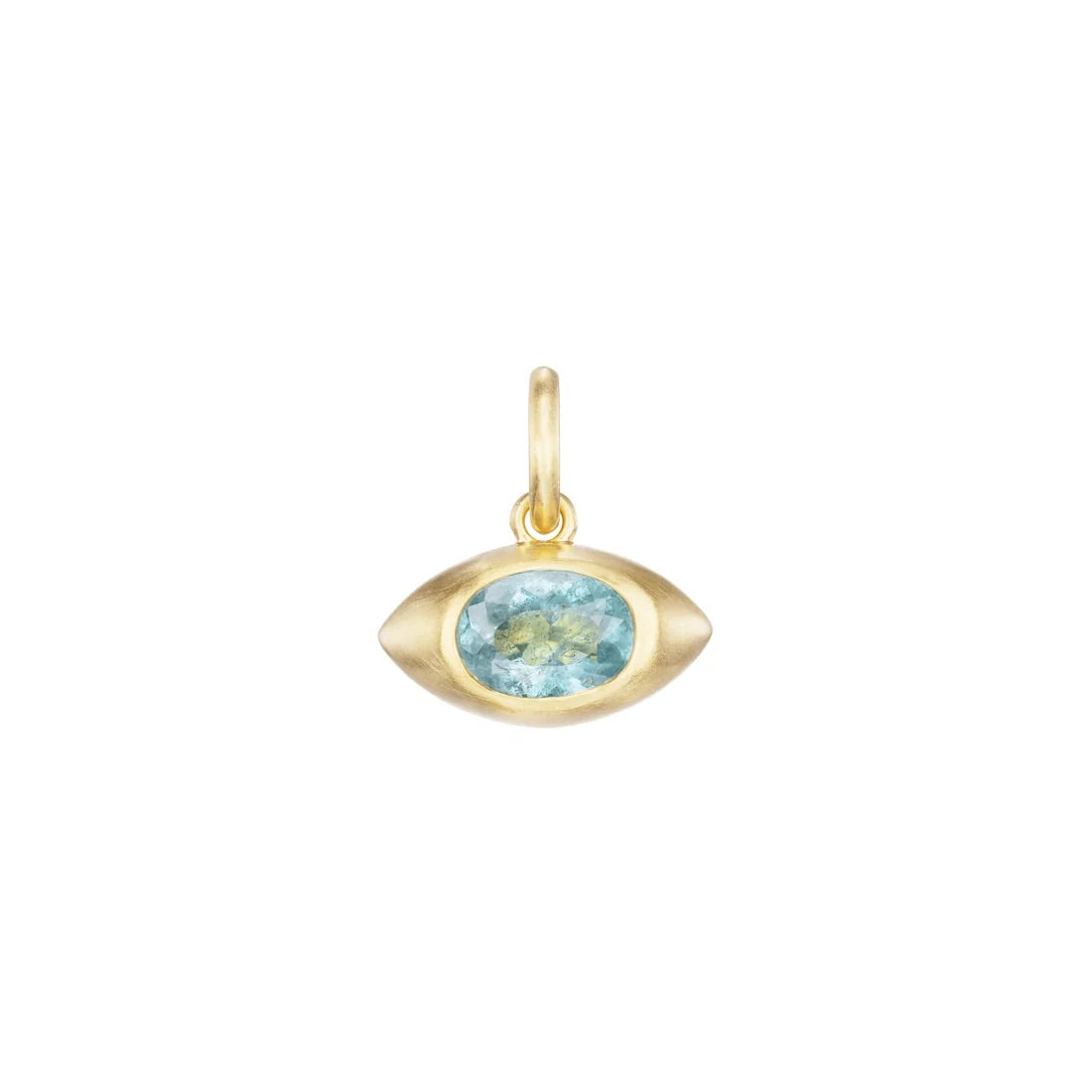 A gold eye-shaped pendant charm featuring a round light blue gemstone in the center, set against a plain white background.
