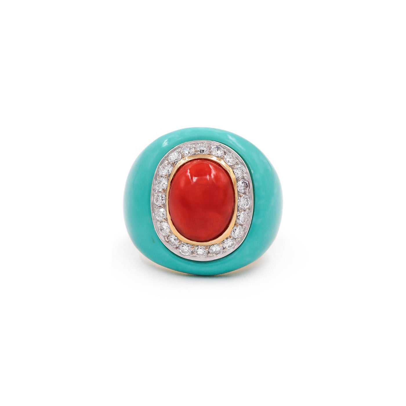 Jewelry ring with turquoise band, red stone, and diamond accents on a white background