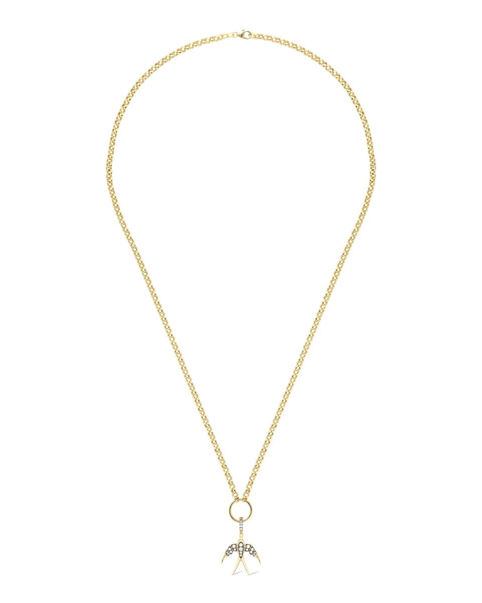 A gold chain necklace featuring a small ring and a dangling bird charm embellished with clear stones and a white feather accent, displayed on a solid white background.