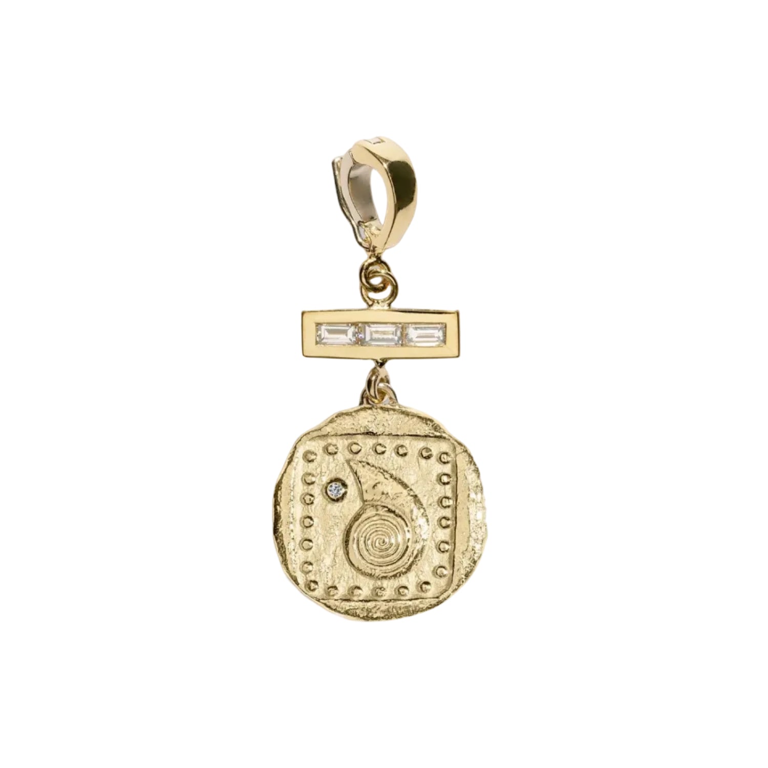 Close-up of spiral seashell coin charm with white diamond baguettes