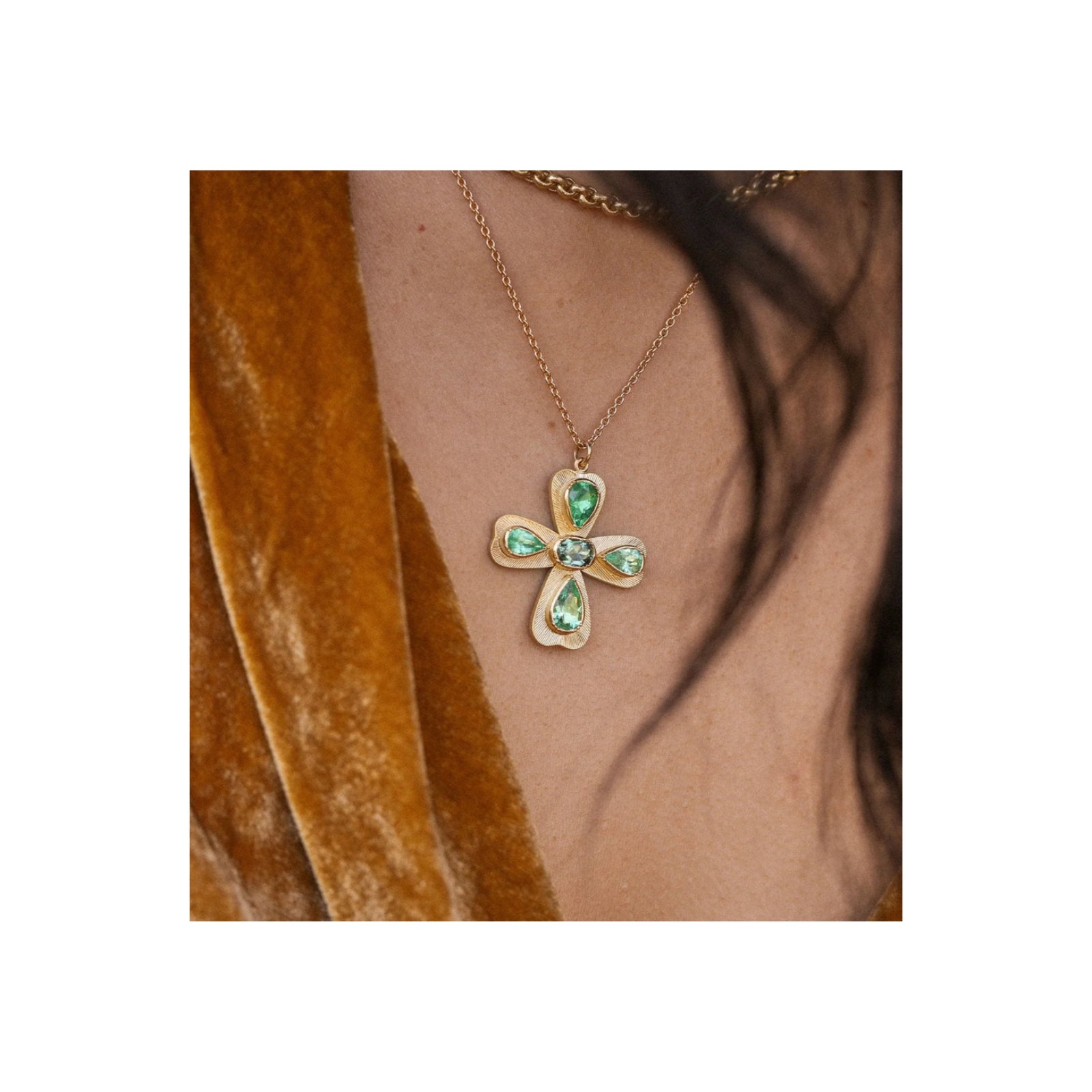 Emerald and Tourmaline Cross Necklace