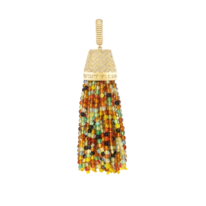 Multicolored beaded tassel with gold cap on a white background