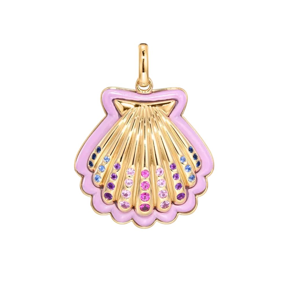 18K yellow gold jumbo seashell pendant with phosphosiderite and rainbow sapphires