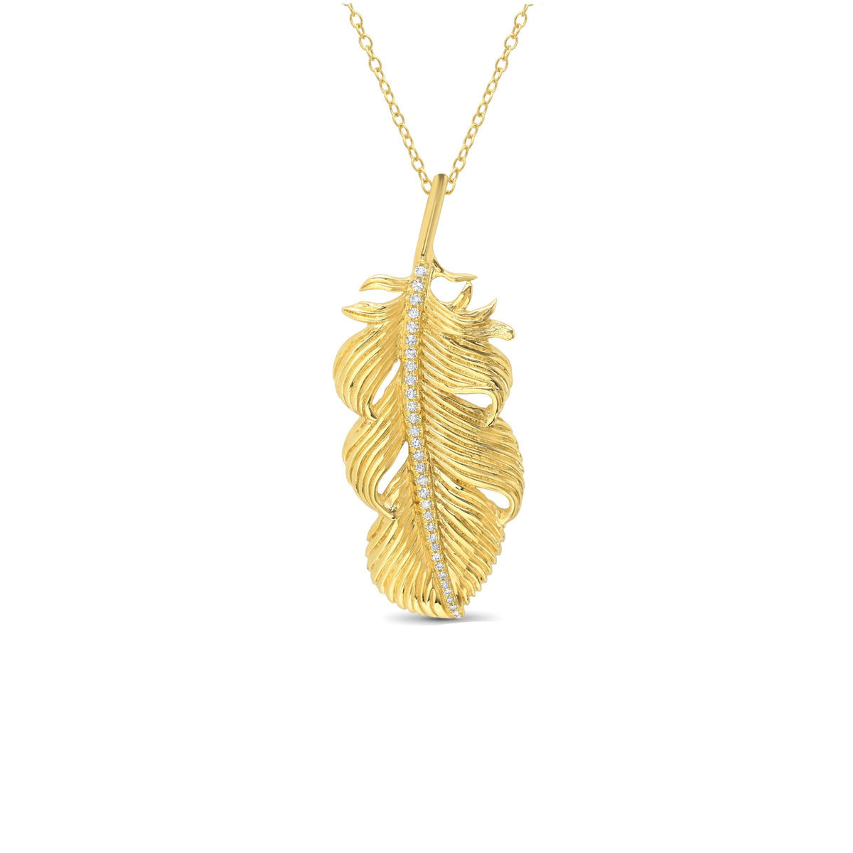 A gold feather pendant necklace with a textured, ribbed design and a central row of small clear stones, suspended from a delicate gold chain against a white background.
