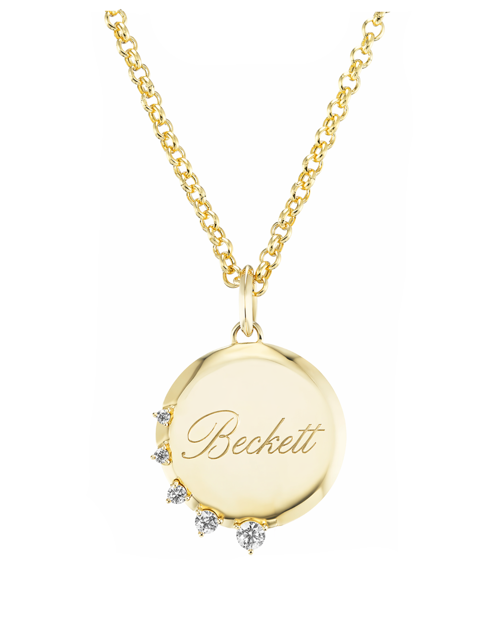 Gold necklace with a round pendant engraved with 'Beckett' on a white background