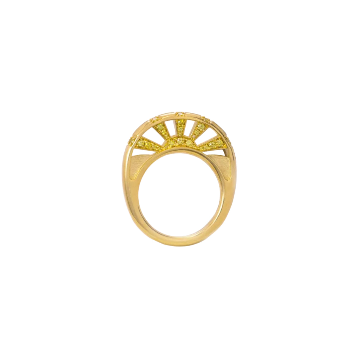 A gold ring with a fan-shaped top set with small yellow gemstones, shown against a light gray background.