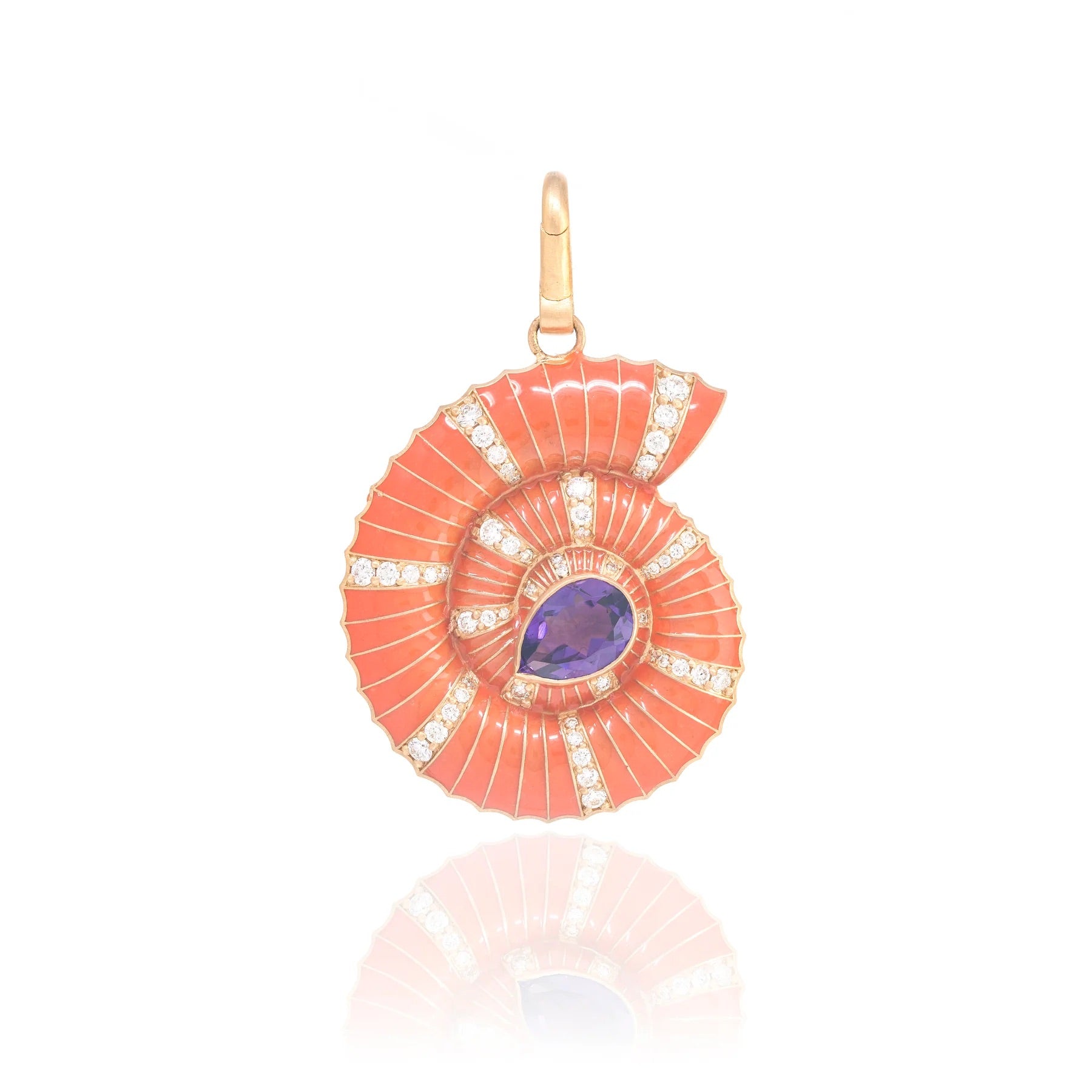 Orange enamel helix shell charm with amethyst in 14K yellow gold