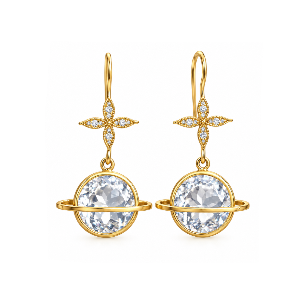 A pair of gold dangle earrings with floral starburst motifs set with small clear stones, hanging from round gold rings that enclose large oval clear gemstones, shown on a plain white background.