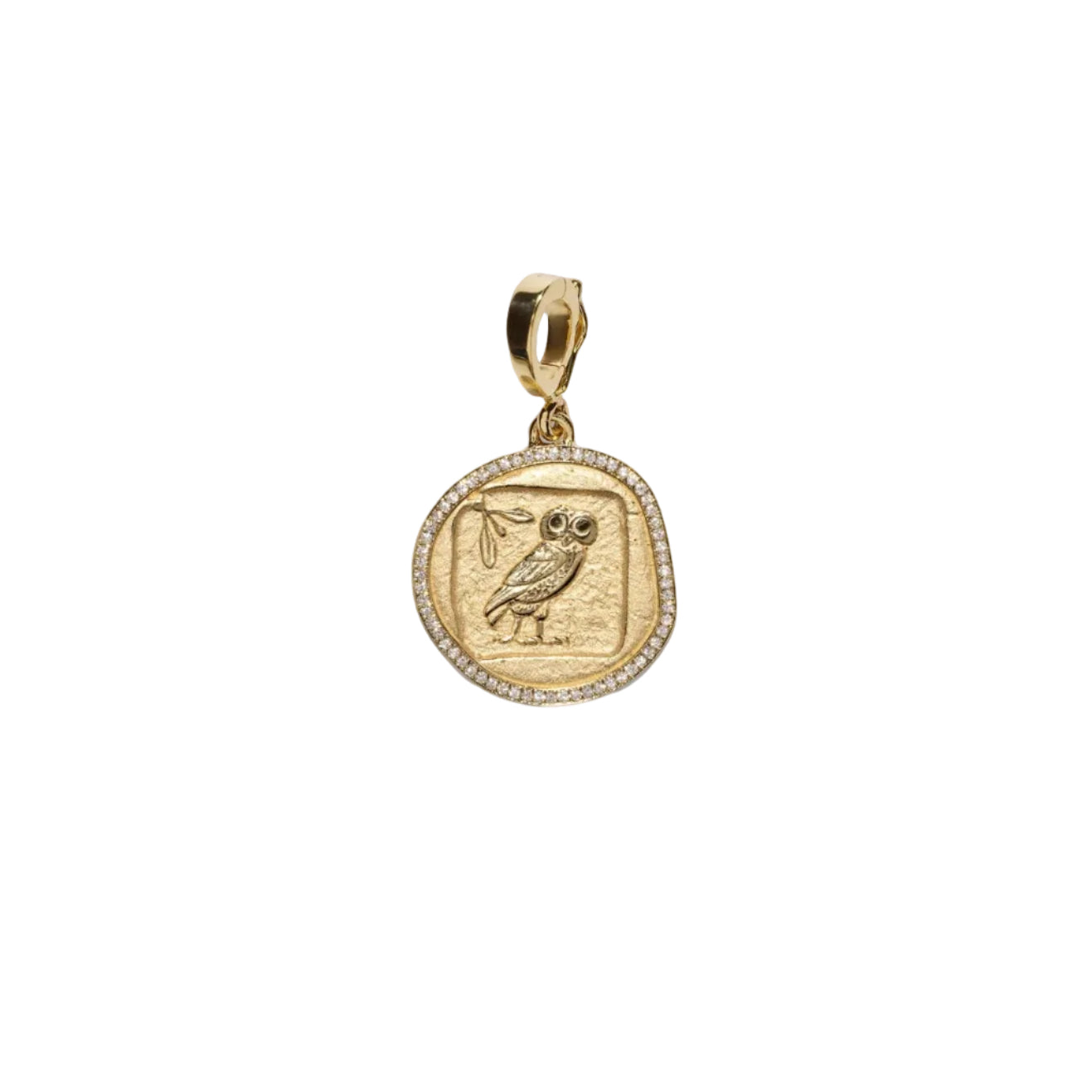 A gold pendant charm shaped like an ancient coin, featuring an embossed owl design in the center and a border of small clear stones, shown on a plain light gray background.