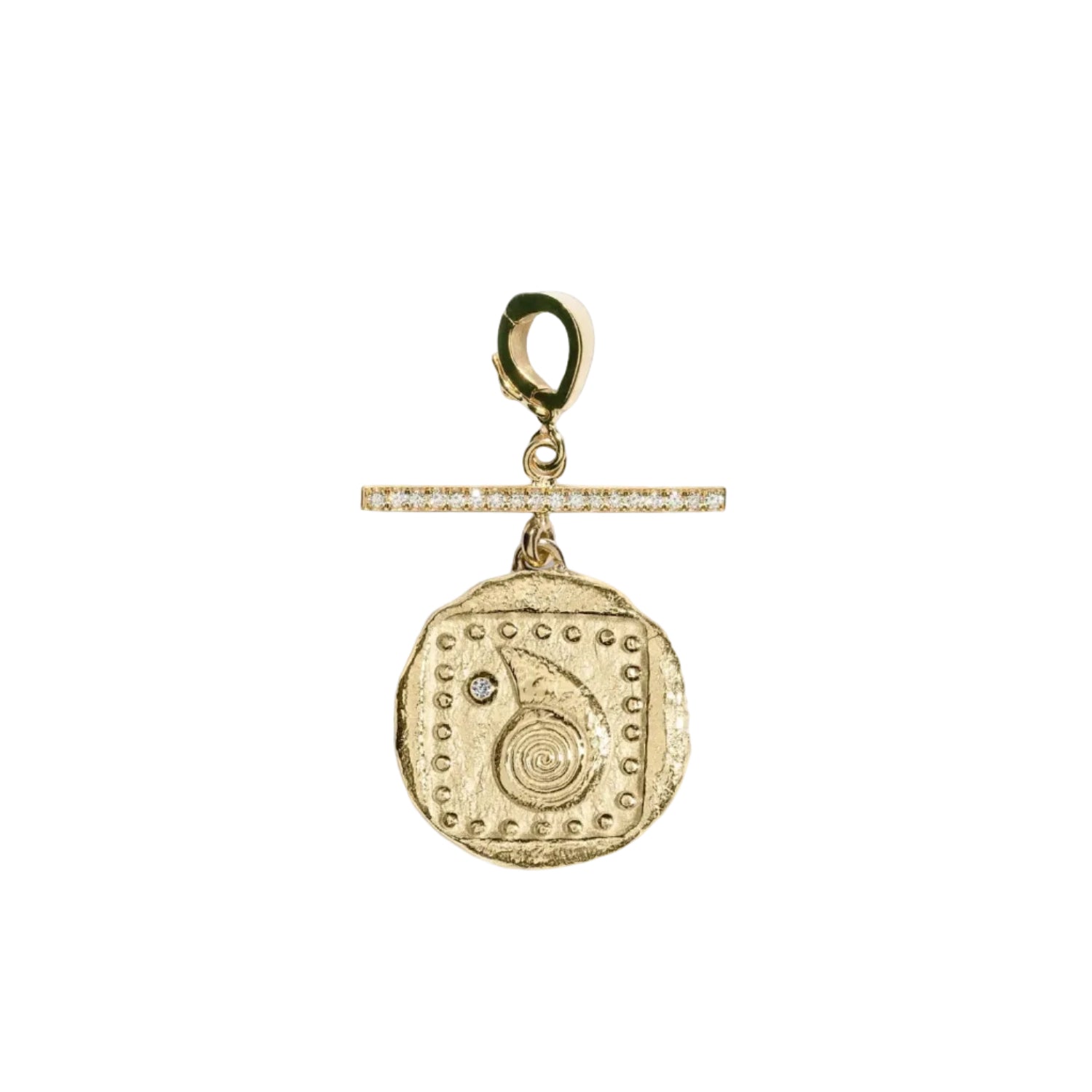 Close-up of spiral seashell coin charm with white diamonds