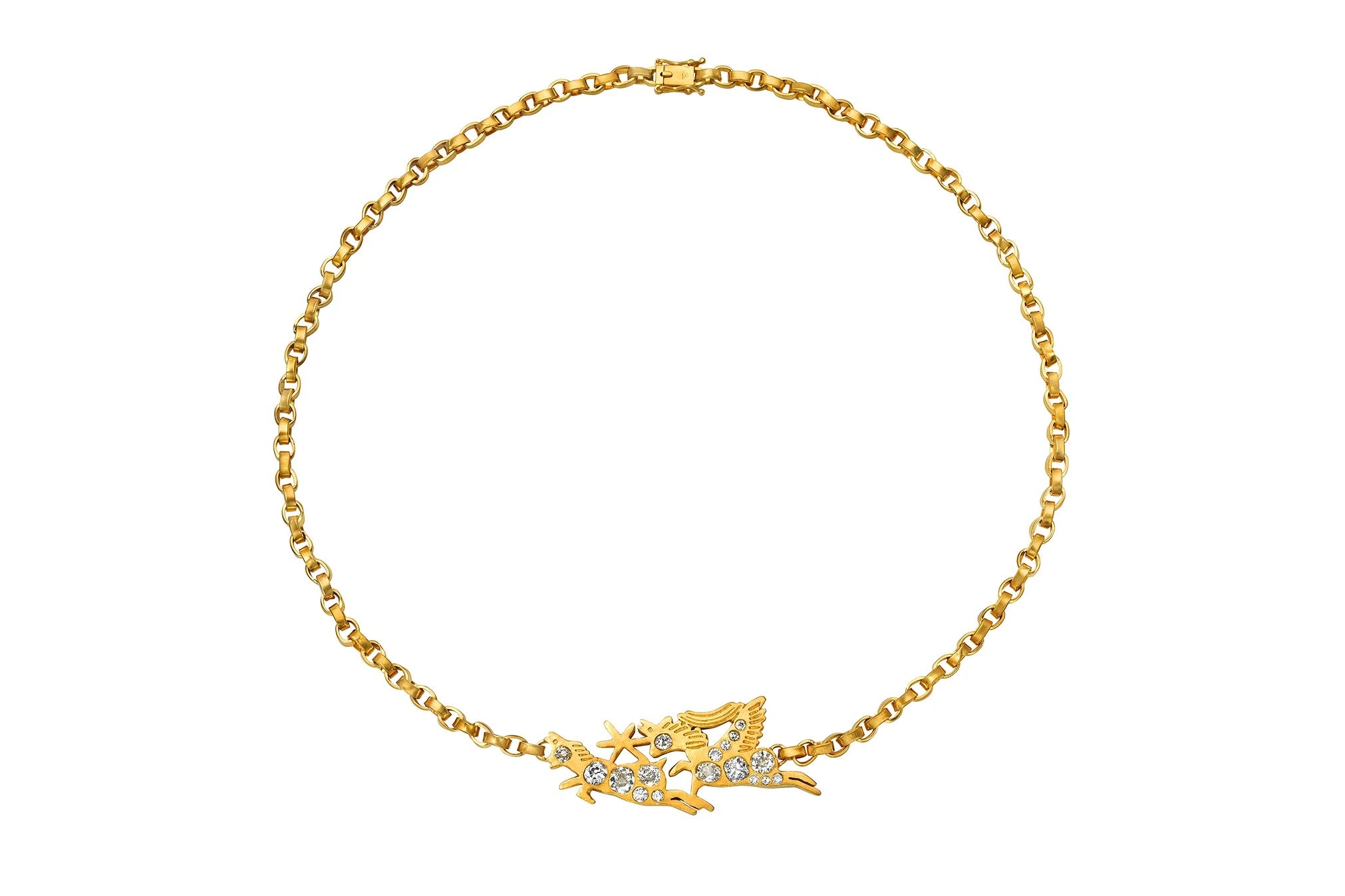 A gold chain necklace featuring a small dragon pendant adorned with clear crystals, displayed against a solid white background.