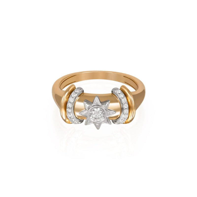 Gold ring with star design and diamond on a white background