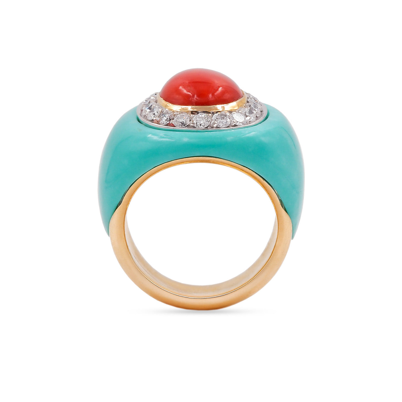 Luxury ring with turquoise band, red gemstone, and diamond accents on a white background