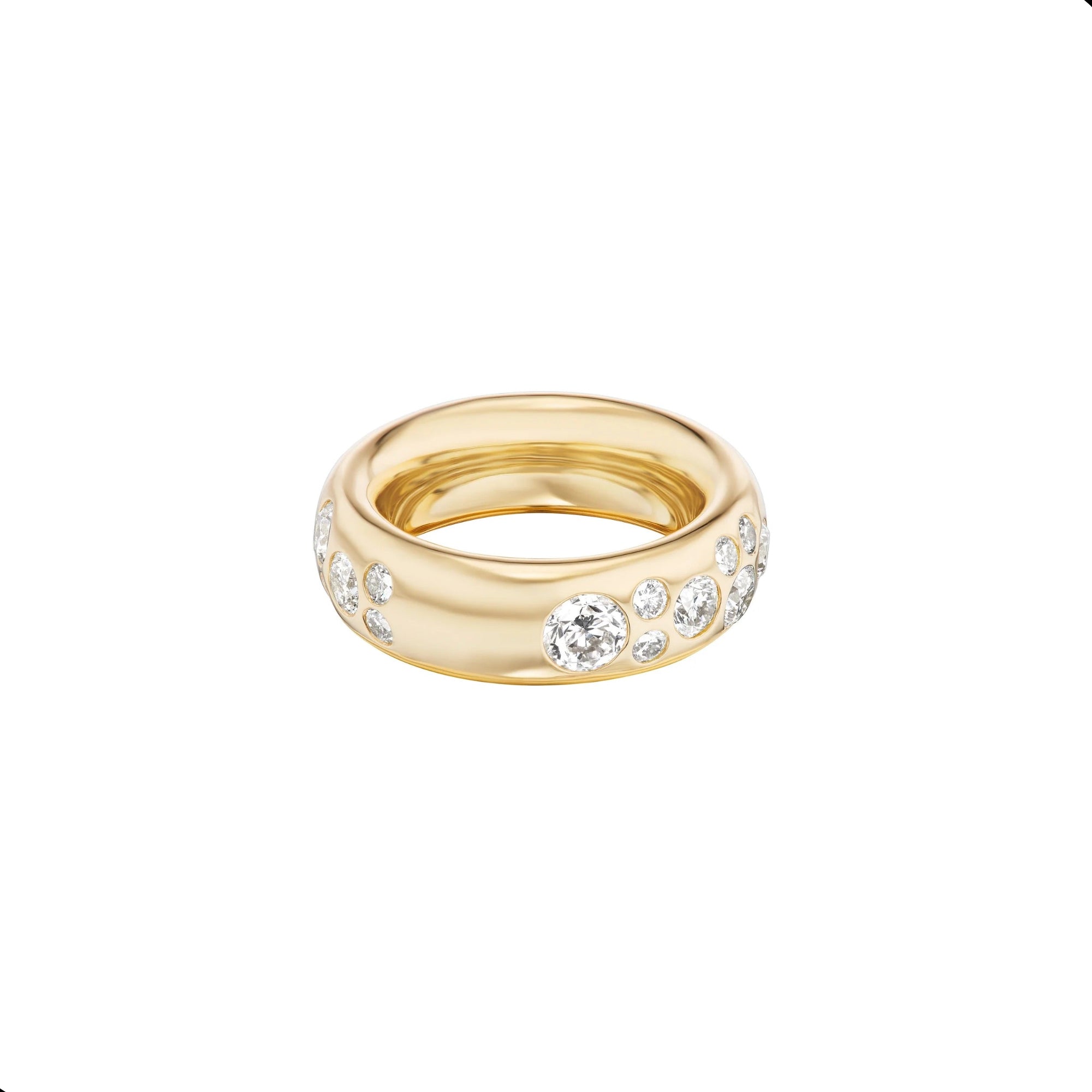Gold ring with embedded crystals on a white background