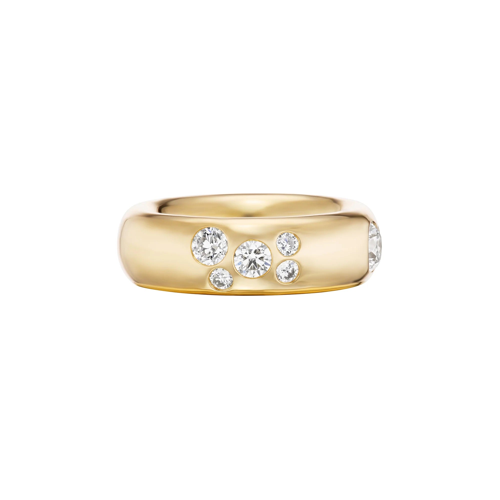 Gold ring with embedded diamonds on a white background