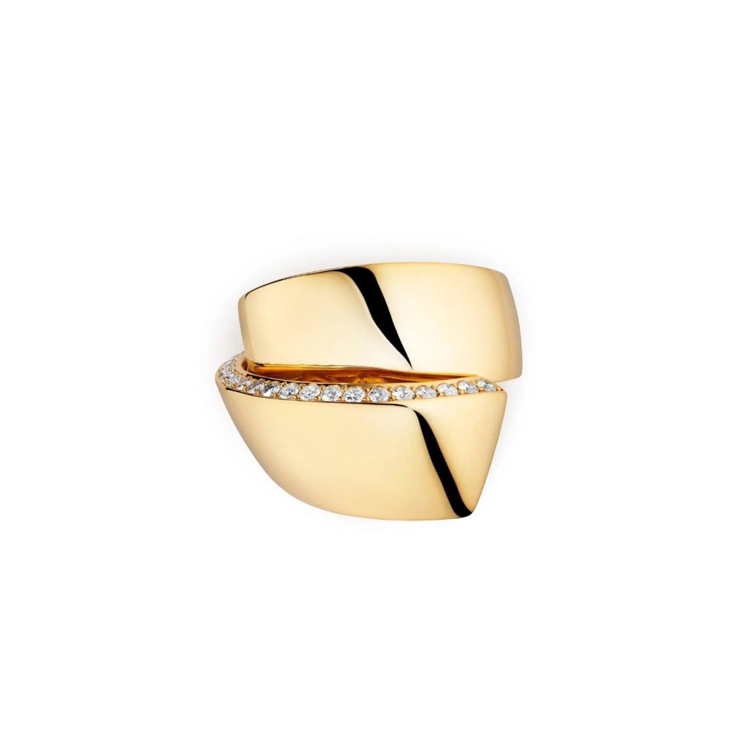 Gold ring with diamond band on a white background