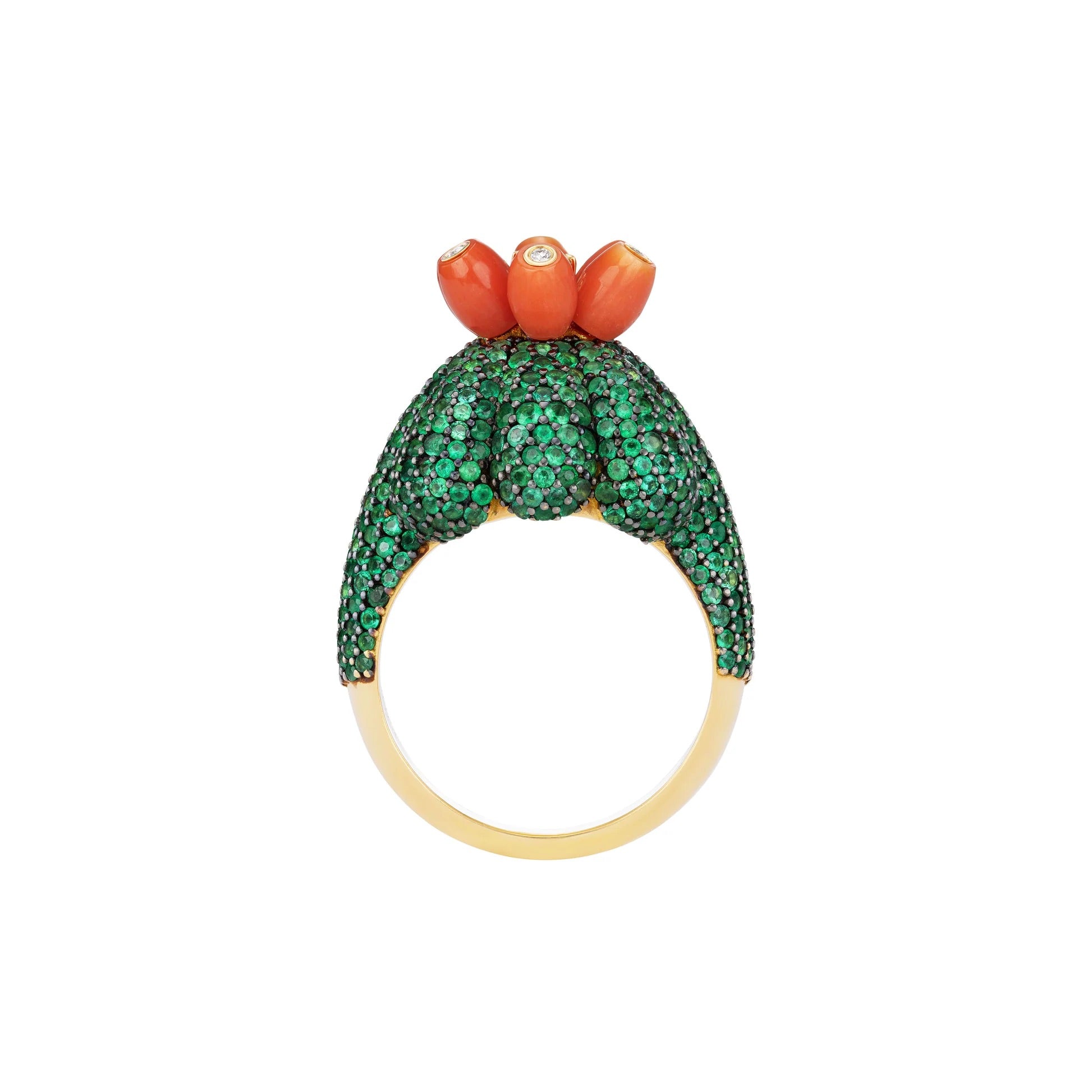 Cactus-shaped ring with green gemstones and orange coral on a white background