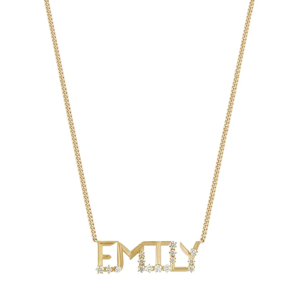 Emily Nameplate necklace on white background