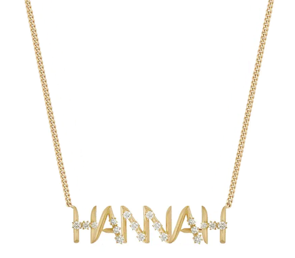 Hannah Nameplate necklace on white background