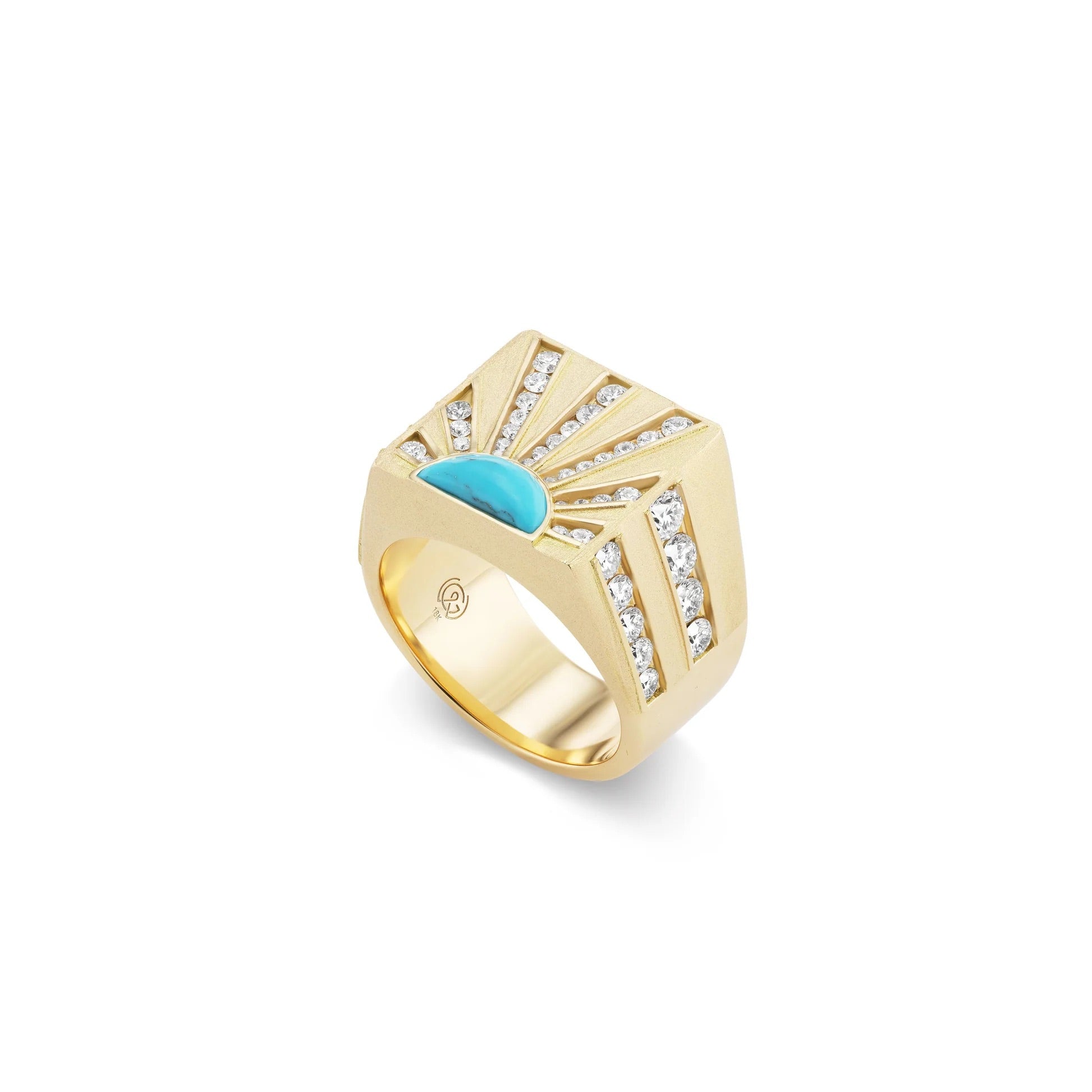 Gold ring with turquoise stone and diamonds on a white background