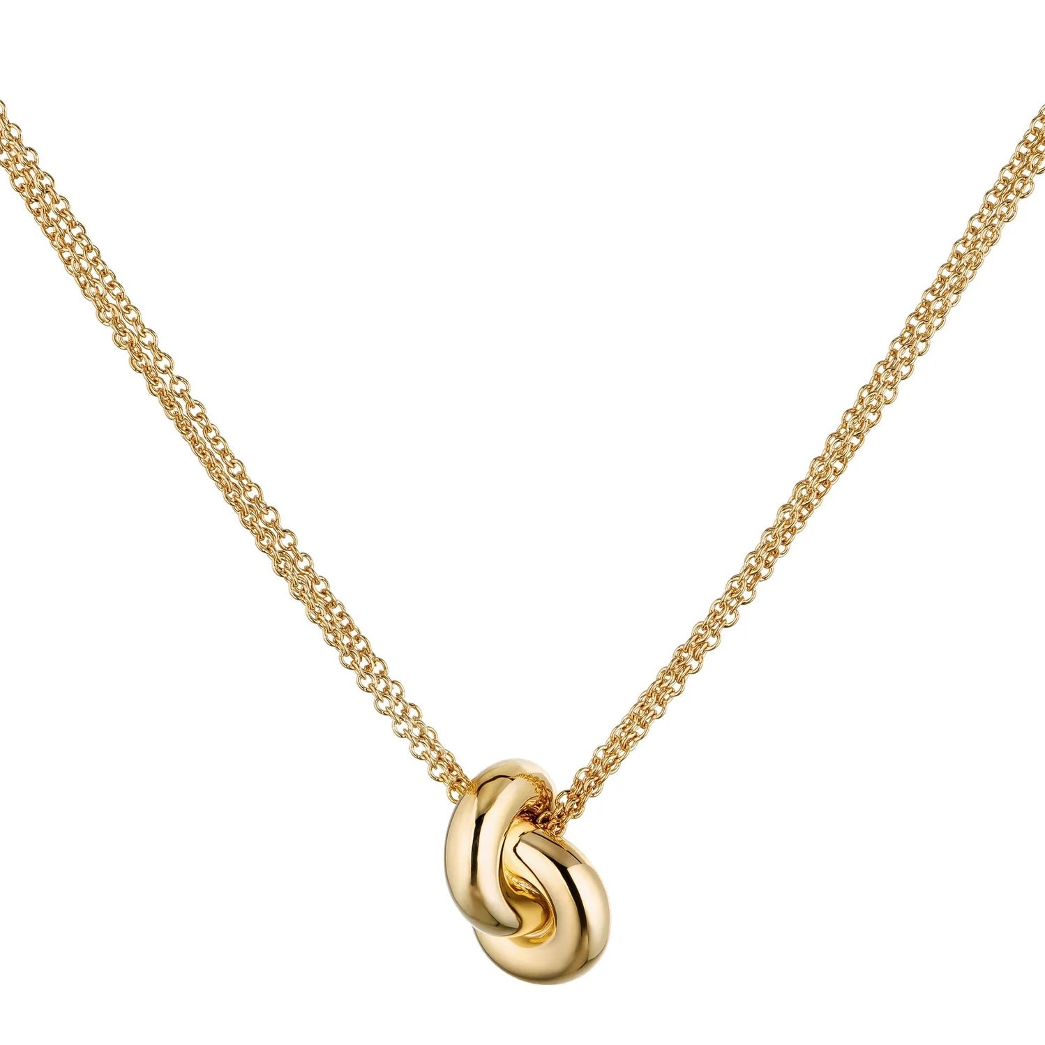 Gold necklace with a knot pendant on a white background