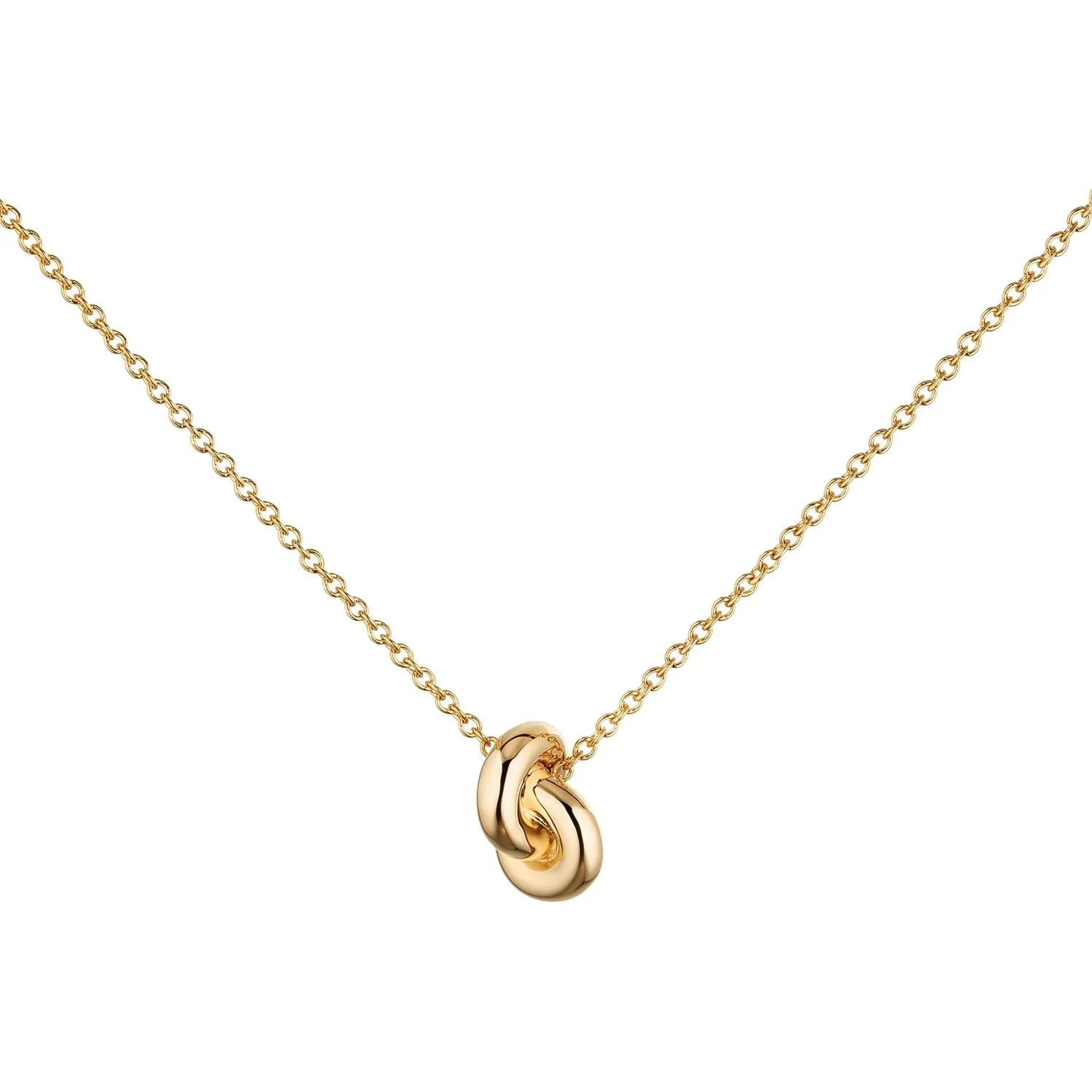 Gold necklace with a knot pendant on a white background