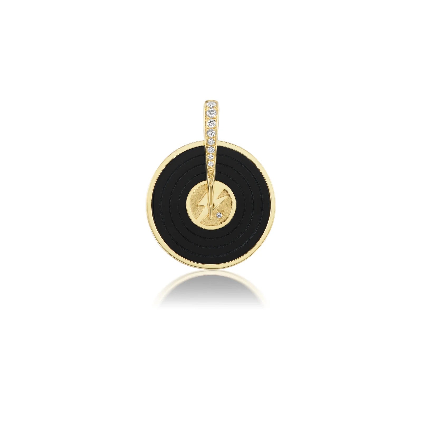 Gold and black pendant with diamond accents on a white background
